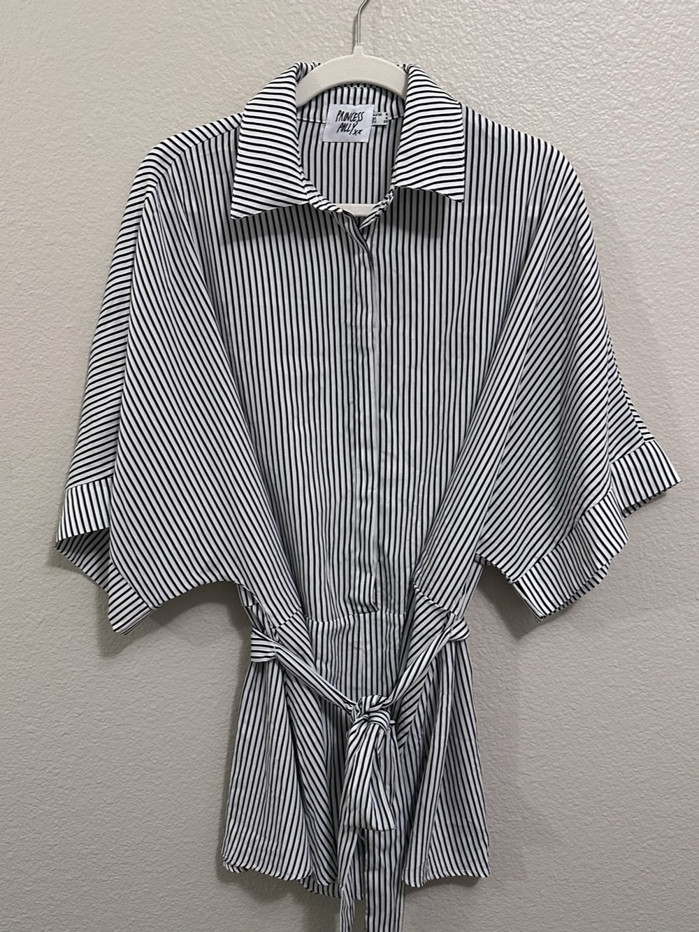 Princess Polly Striped Tie Front Romper in White & Black Medium Like New